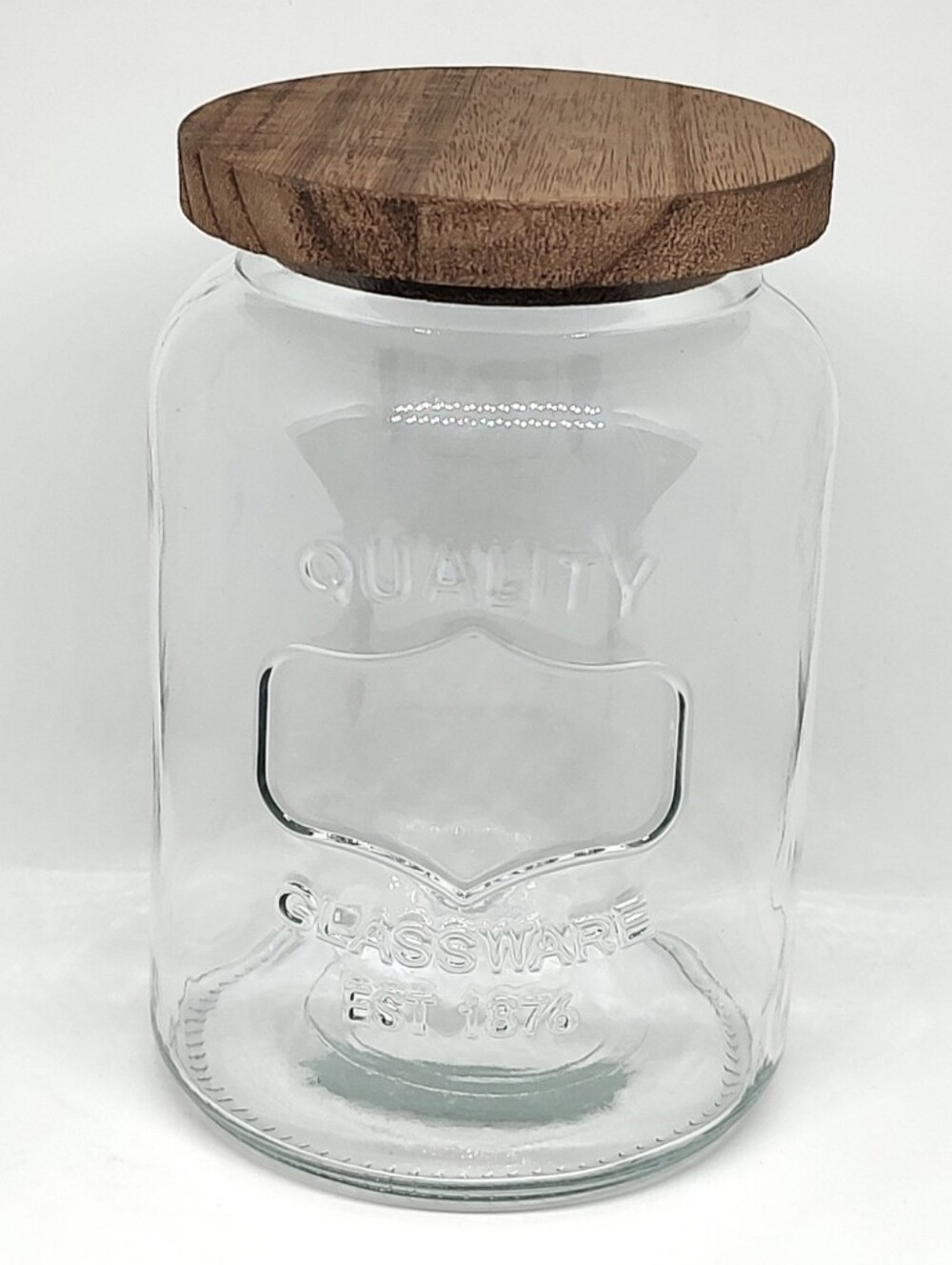 New Glass Jar with Wood Lid Kitchen Container Storage and Organization 7in Tall